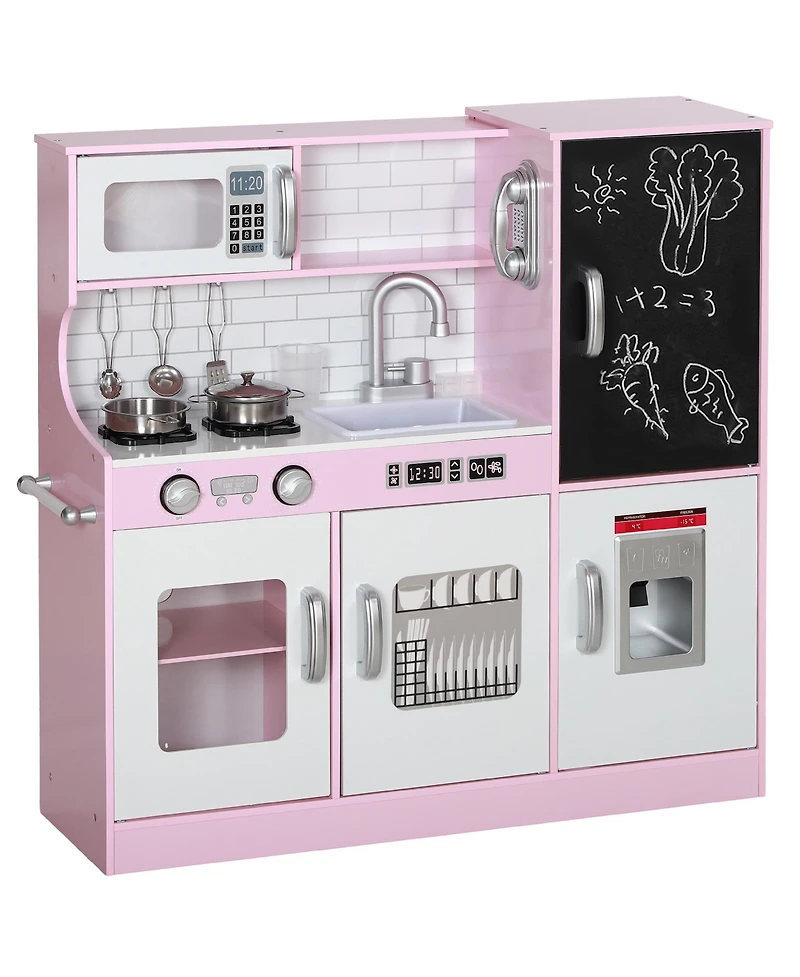Qaba Play Kitchen, Kids Kitchen Playset w/ Phone & Chalkboard,