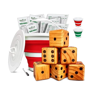 Swooc Games - Yardzee, Farkle & 20+ Classic Red Shaker Edition (All Weather) with Collapsible Bucket, Lid Score Cards
