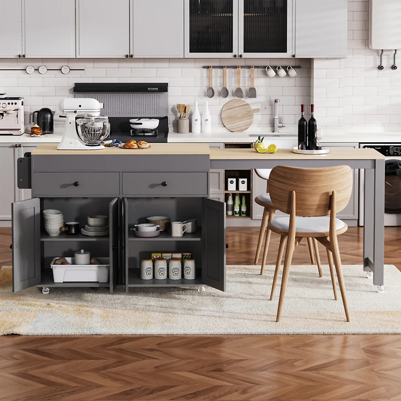 Streamdale 74.5" Kitchen Island with Extendable Table and Spice Rack