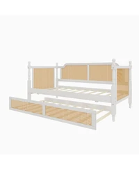 Streamdale Furniture Traditional Style Rattan Twin Size Daybed with Twin Size Trundle for Limited Space, Guest Room, No Box Spring Needed,Antique Whit