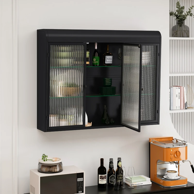 Streamdale Furniture 3 Door Arched Wall Mounted Glass Cabinets for Kitchen, Living Room and Bathroom(Black)