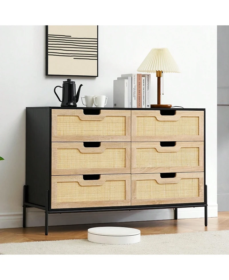 6 Drawers Dresser For Bedroom, Natural Rattan Drawer With Spacious Storage, Wood Chest Of Drawers With Metal Legs For Bedroom, Living Room, Hallway