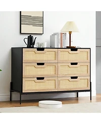 6 Drawers Dresser For Bedroom, Natural Rattan Drawer With Spacious Storage, Wood Chest Of Drawers With Metal Legs For Bedroom, Living Room, Hallway