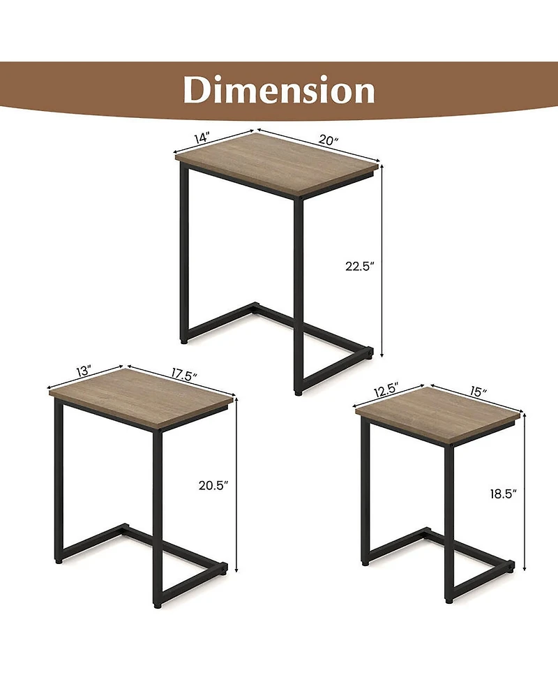 Gymax 3 Pcs Nesting Coffee End Table Set Stacking Side Nightstand Living Room Rustic
