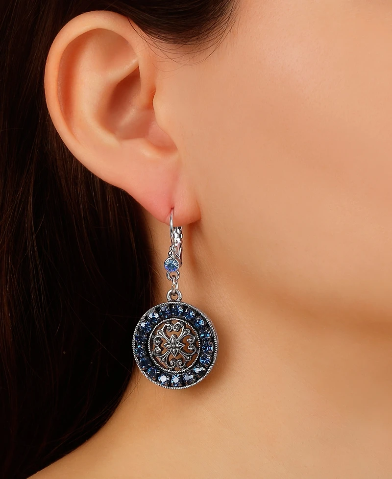 2028 Blue Crystal Round Filigree Drop Earrings