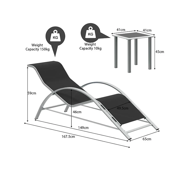 gaomon Outdoor Patio Chaise Lounge Set of 2, 3 Pieces Pool Lounge Chairs with Arm & Side Table, Beach Sunbathing Lawn Aluminum Chairs for Outside