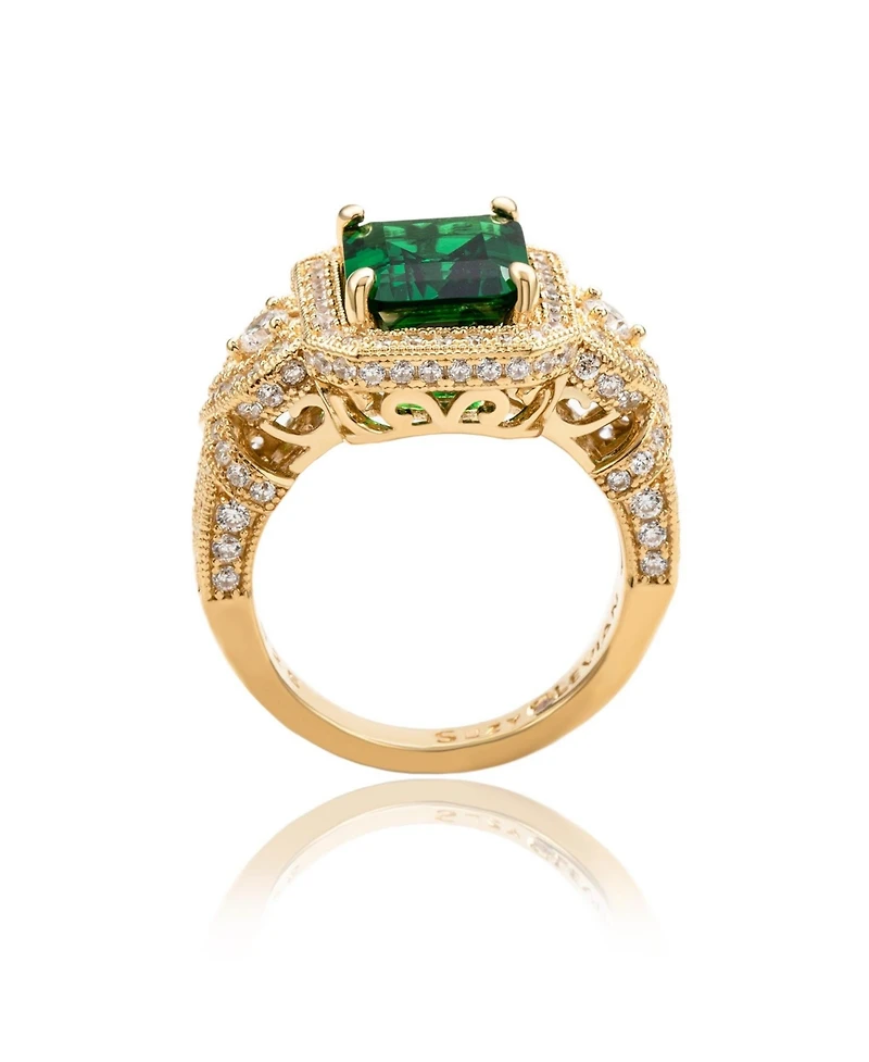 Suzy Levian Yellow Sterling Silver Emerald-Cut and White Cubic Zirconia Pave Ring