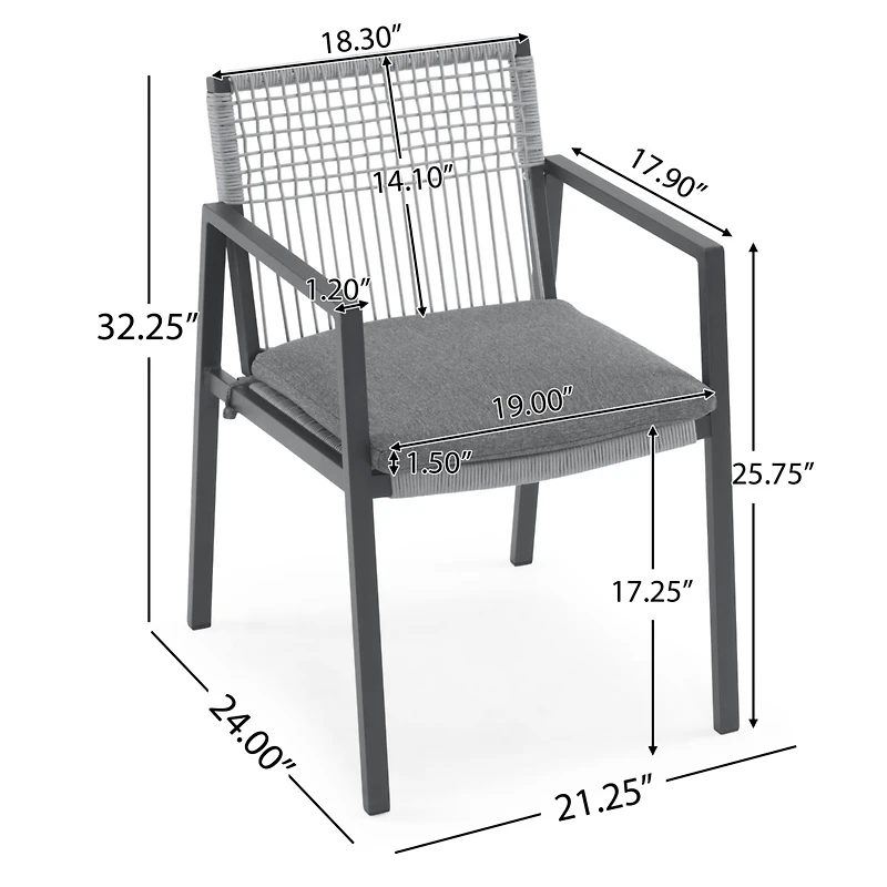 Streamdale Furniture Outdoor Dining Set, Aluminum Dining Chair Set of 6 with Rope + Aluminum Dining Table, Gray+Black