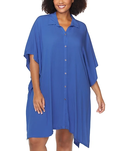 Raisins Curve Trendy Plus Vacay Button-Front Cover-Up Shirt