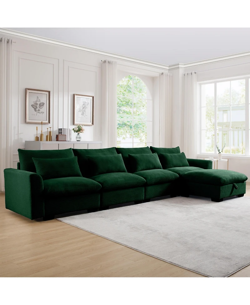 Streamdale Furniture Large L Shape Sectional Corduroy Sofa,Deep Seat Couch with Storage Footstool and 4 Waist Pillows, Green
