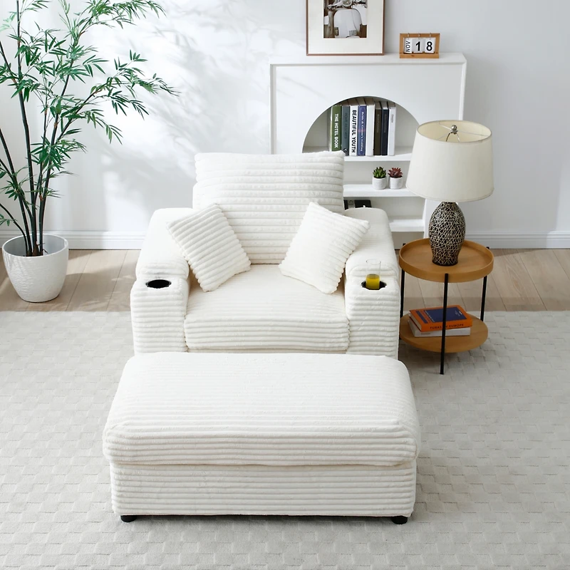 Streamdale Beige Accent Chair with Ottoman & Wide Armrests