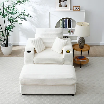 Streamdale Beige Accent Chair with Ottoman & Wide Armrests
