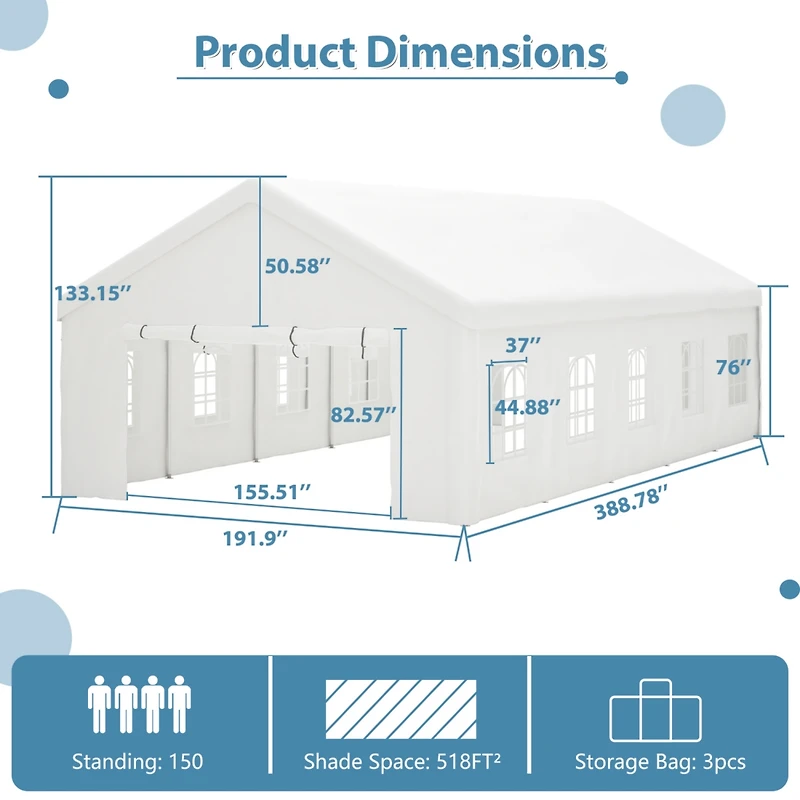 16x32FT Party Tent Heavy Duty, Large Wedding Event Shelters with 3 Storage Bags & Removable Sidewalls, Outdoor Canopy Gazebo Commercial Tents for Part