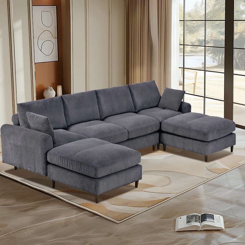 Streamdale Gray 6-Seat Convertible Corduroy Sectional Sofa