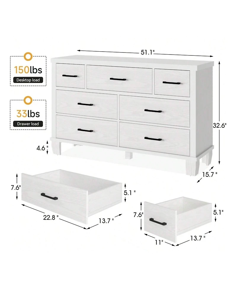 Vintage Dresser For Bedroom With 7 Drawers, Vintage Design Wood Drawer Dresser Chest Of Drawers For Closet, Living Room, Hallway, Nursery, Kids Bedroo