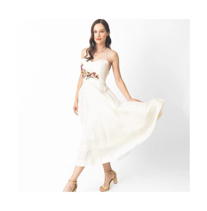 Raas Women's Fit and Flare Midi Dress with Hand emboidered torso