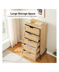 Modern Rattan 5 Drawers Dresser, Double Dresser For Bedroom