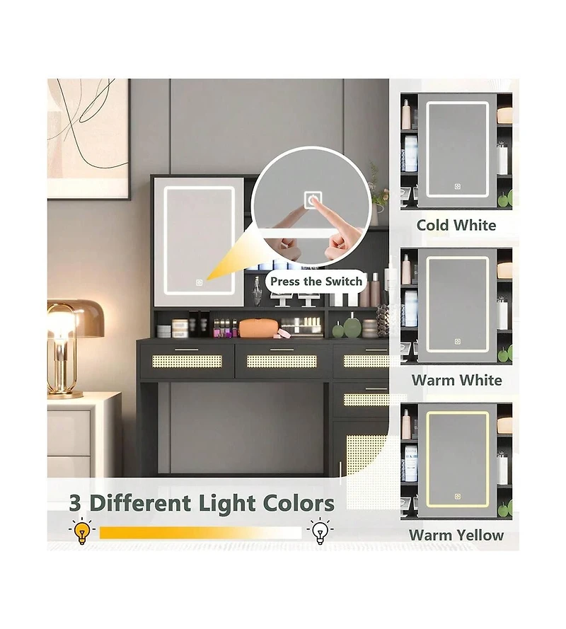 gaomon Makeup Vanity With Lights 3 Colors And Openable Mirror, Desk 4 Drawers, 1 Cabinets Shelves, Table Rattan Dress