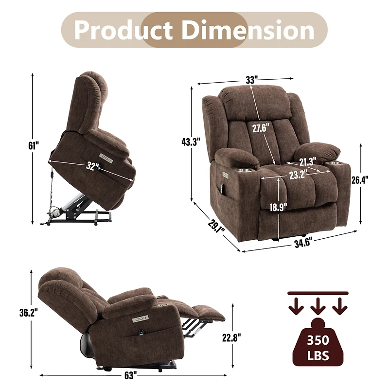 Up to 350 Lbs Power Lift Recliner Chair Heavy Duty Motion Mechanism with 8-Point Vibration Massage and Lumbar Heating