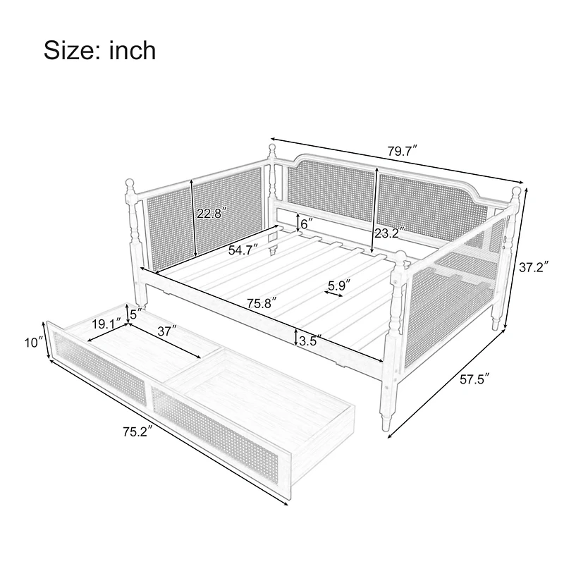 Streamdale Furniture Traditional Style Rattan Full Size Daybed with 2 Drawers for Limited Space, Guest Room, No Box Spring Needed,Antique Walnut