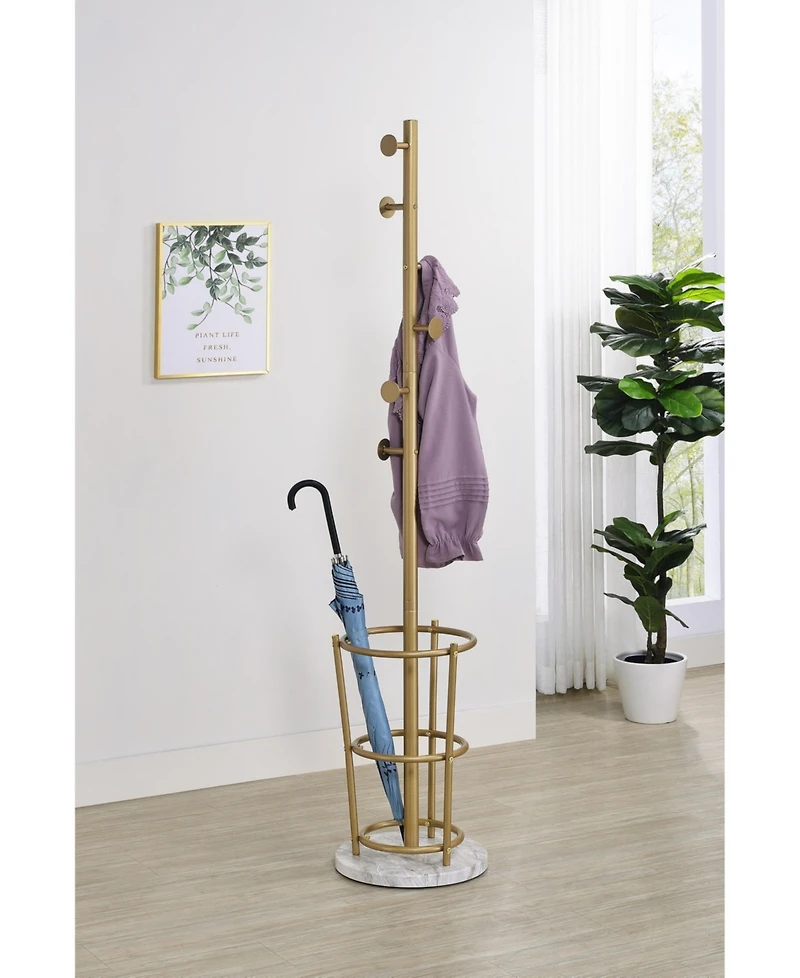 Kings Brand Furniture Freestanding Metal Hall Tree Coat Rack Stand with Umbrella Holder for Entryway Hanging Clothes, Hats, Bags (Gold)