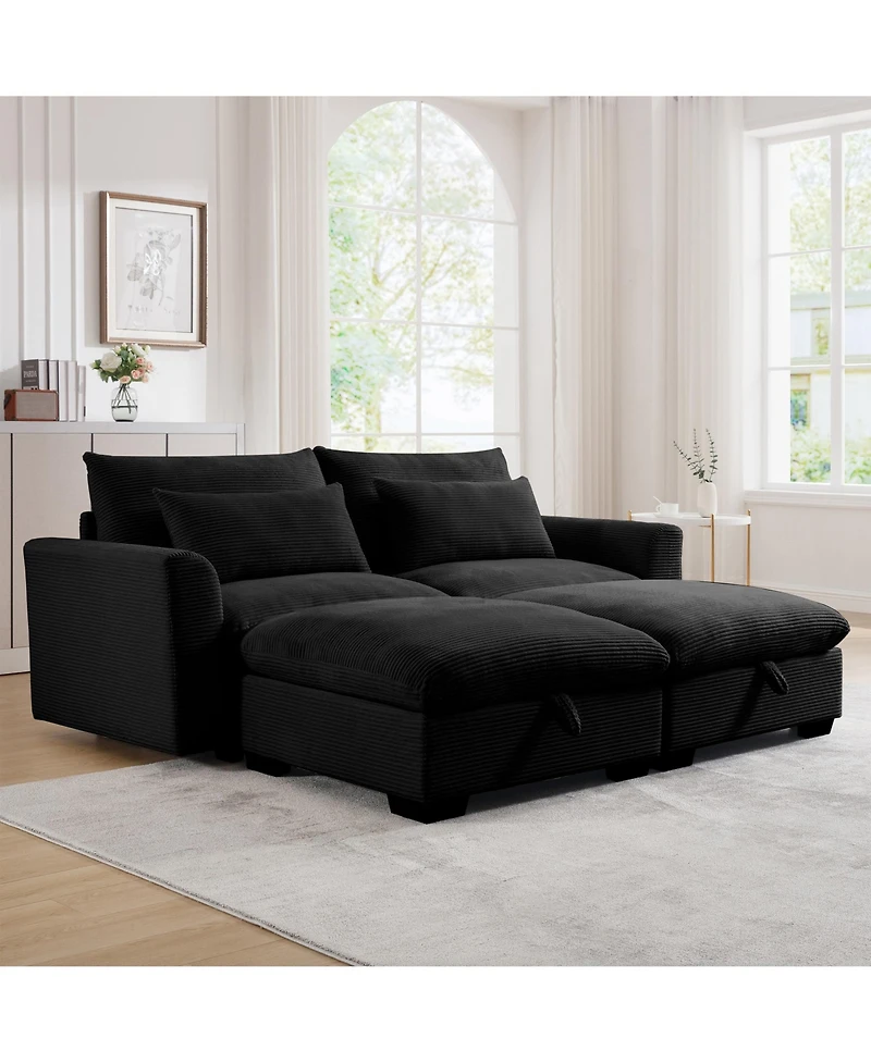 Streamdale Furniture Corduroy Two-Seater Sofa with 2 Storage Footrest,2 Seater Sectional deep seat sofa,Comfy Couches for Living Room,Black Sofa