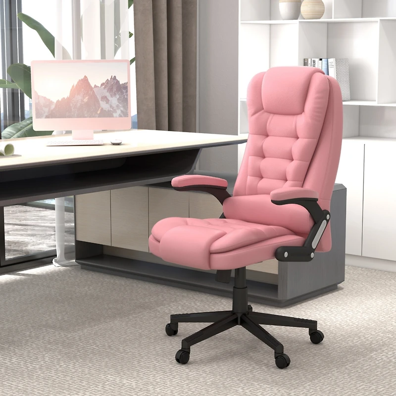High Back Vibration Massage Office Chair with 6 Vibration Points, Heated Reclining Pu Leather Computer Chair with Armrest and Remote, Pink