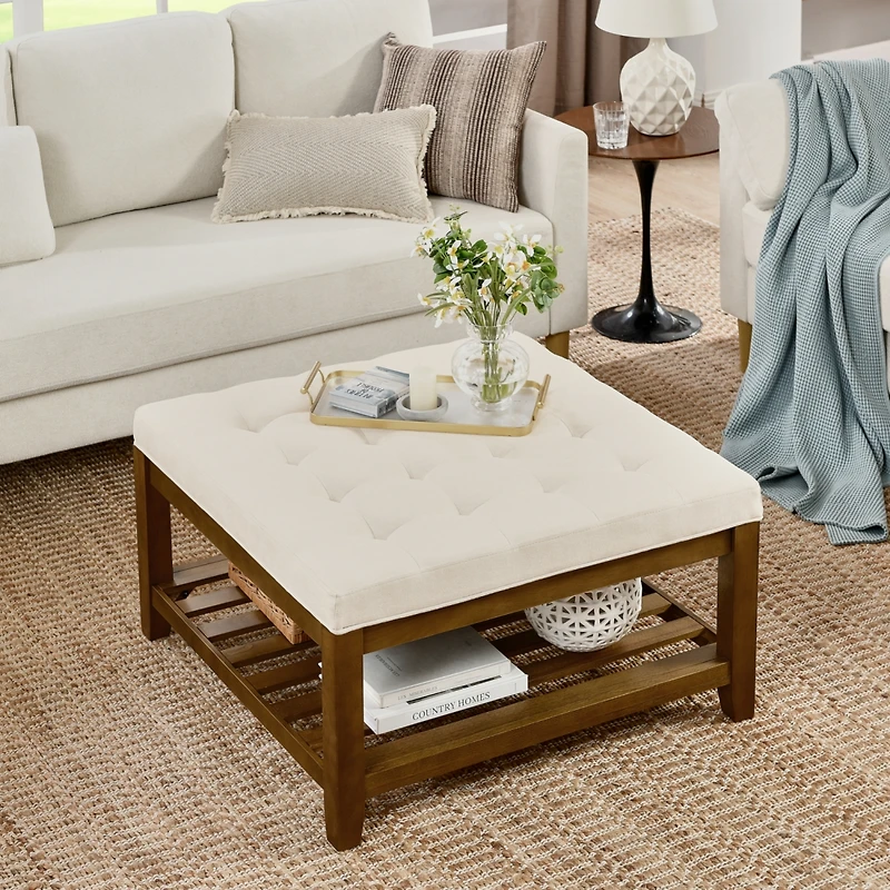 Streamdale Tufted Linen Ottoman with Wood Shelf and Frame