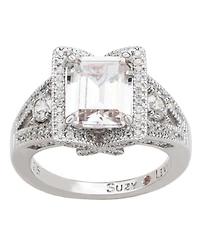 Suzy Levian Sterling Silver Emerald Cut Cubic Zirconia French Filigree Ring