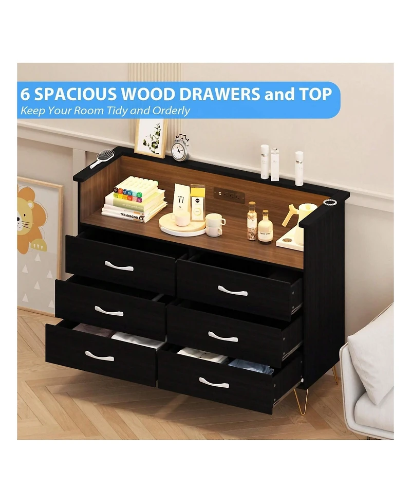 Dresser For Bedroom With Led Light & Charging Station, 6 Wooden Drawers Dressers With 2-Tier Open Shelves