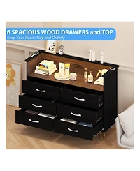 Dresser For Bedroom With Led Light & Charging Station, 6 Wooden Drawers Dressers With 2-Tier Open Shelves