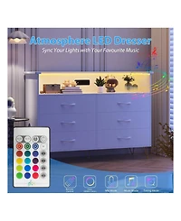 Dresser For Bedroom With Led Light & Charging Station, 6 Wooden Drawers Dressers With 2-Tier Open Shelves, Modern Chest Of Double Wide Drawers For Liv