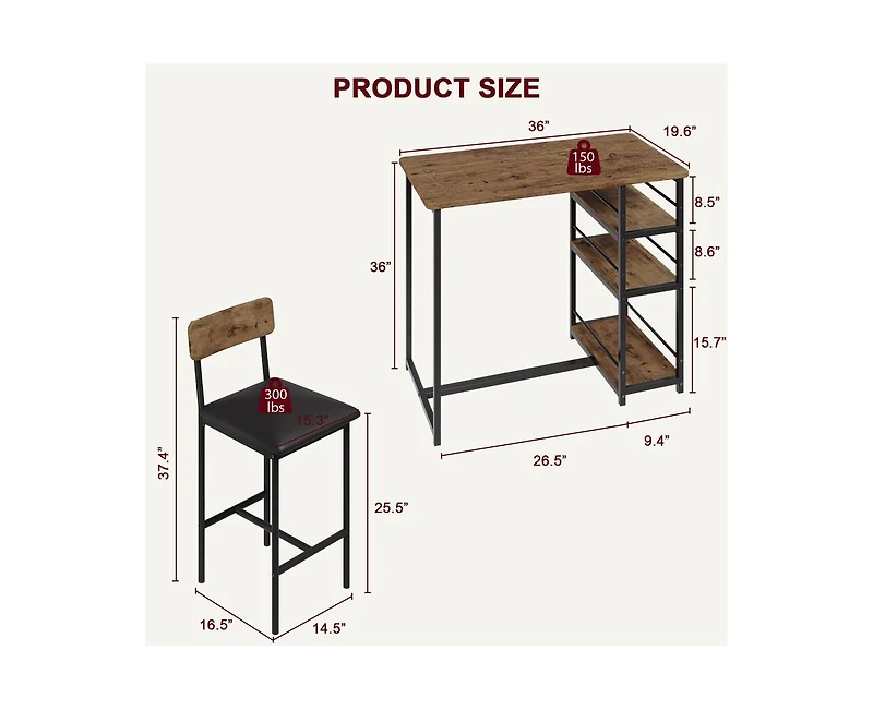 gaomon Dining Table Set for 2, Kitchen Table and Chairs with Wine Rack, Metal Frame Modern Bar Table Set with 2 Chairs