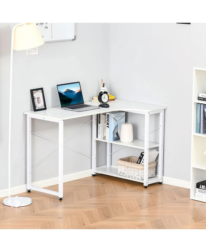 Homcom L-Shaped Computer Desk with 2 Side Shelves and Steel Frame,