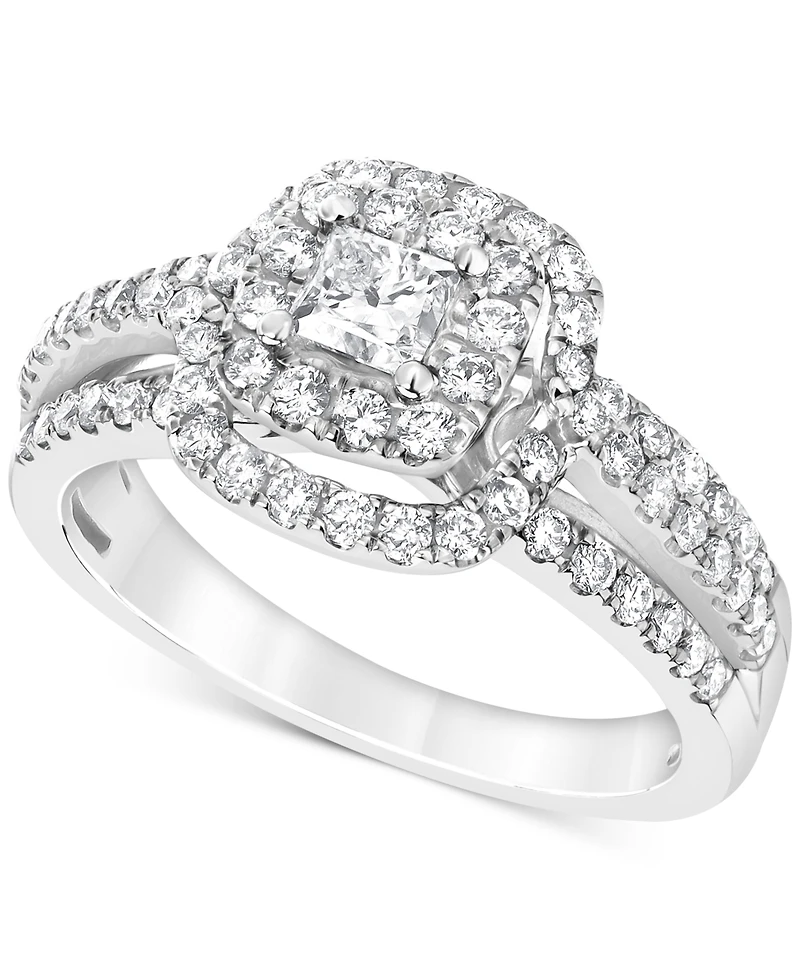 Diamond Princess & Round Cluster Ring (1 ct. t.w.) in 10k White Gold