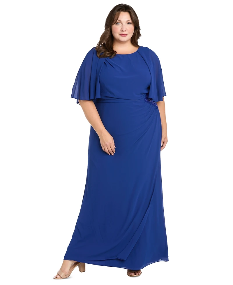 R & M Richards Plus Cape-Sleeve Embellished-Waist Gown