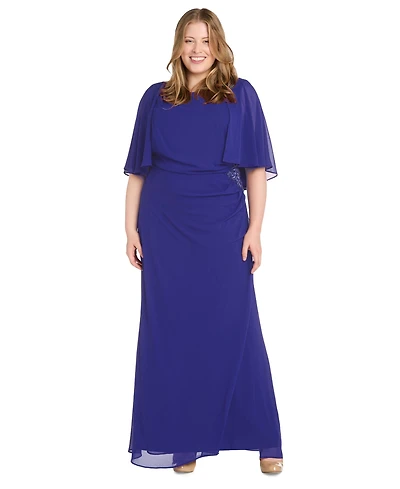 R & M Richards Plus Cape-Sleeve Embellished-Waist Gown