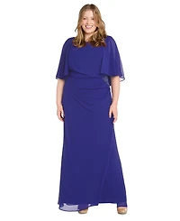 R & M Richards Plus Cape-Sleeve Embellished-Waist Gown