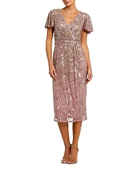 Mac Duggal Women's Embellished Faux Wrap Flutter Sleeve Dress