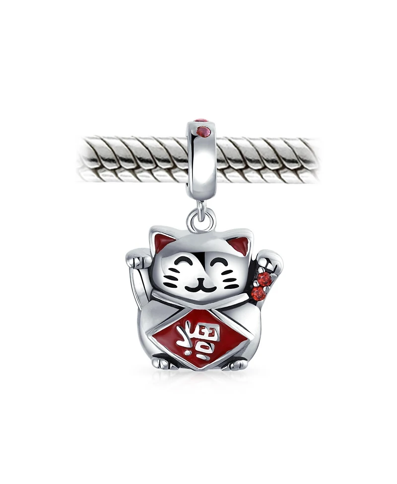 Bling Jewelry Japanese Maneki Neko Lucky Cat Good Fortune Dangle Charm Bead Red Enamel .925 Sterling Silver Fits European Bracelet