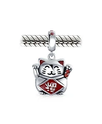 Bling Jewelry Japanese Maneki Neko Lucky Cat Good Fortune Dangle Charm Bead Red Enamel .925 Sterling Silver Fits European Bracelet