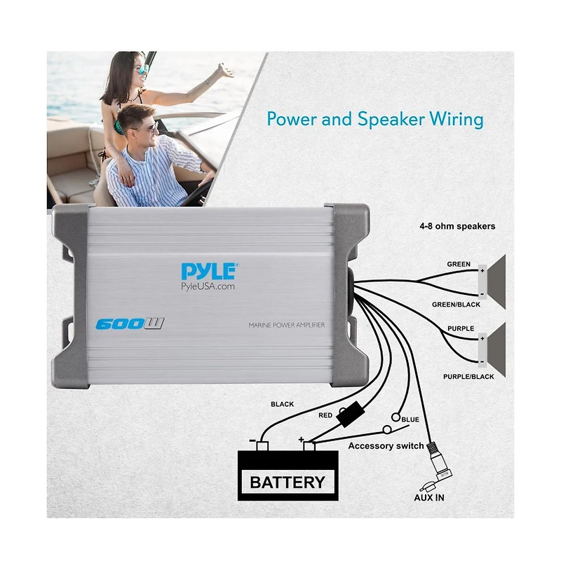 Pyle 2-Channel Waterproof Marine Amplifier Kit - 600 Watt, Aux/Rca Input