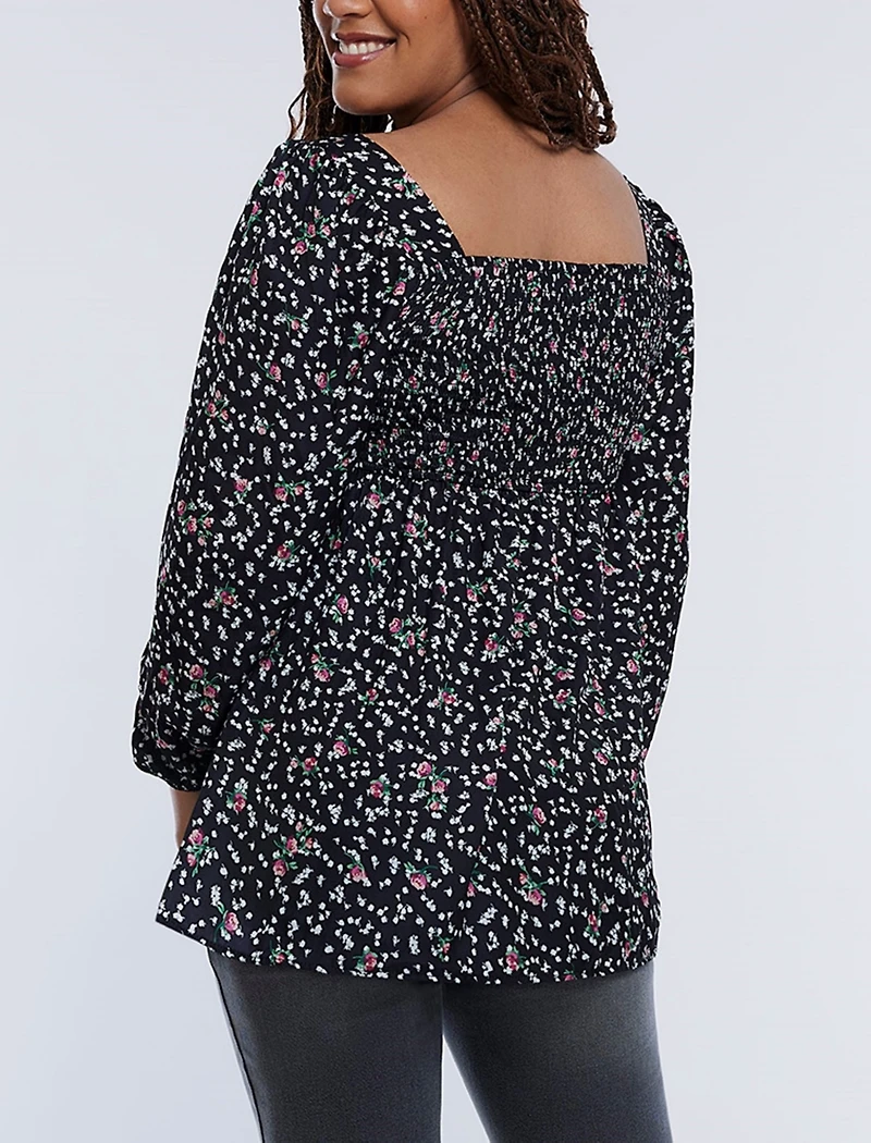 Motherhood Maternity Smocked Square Neck Long Sleeve Babydoll Top