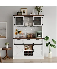 gaomon Farmhouse Bar Cabinet with Sliding Barn Door, Tall Kitchen Buffet Hutch Cabinet with Wine & Glasses Rack, Rustic Coffee Bar Sideboard for Livin