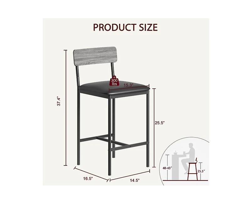 Bar Stools Set of 2, Kitchen Bar Stools with Footrest, 25.5 Inches Upholstered Bar Chairs with Back, 2 Counter Height Barstools for Counter Bar, Islan