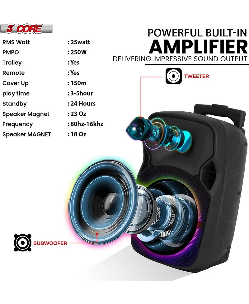 5 Core Tws Pair Bluetooth Party Speakers Portable Karaoke Pa System Rechargeable Loud Speaker + 2X Tripod Stand 4X Wireless Mics Led Light