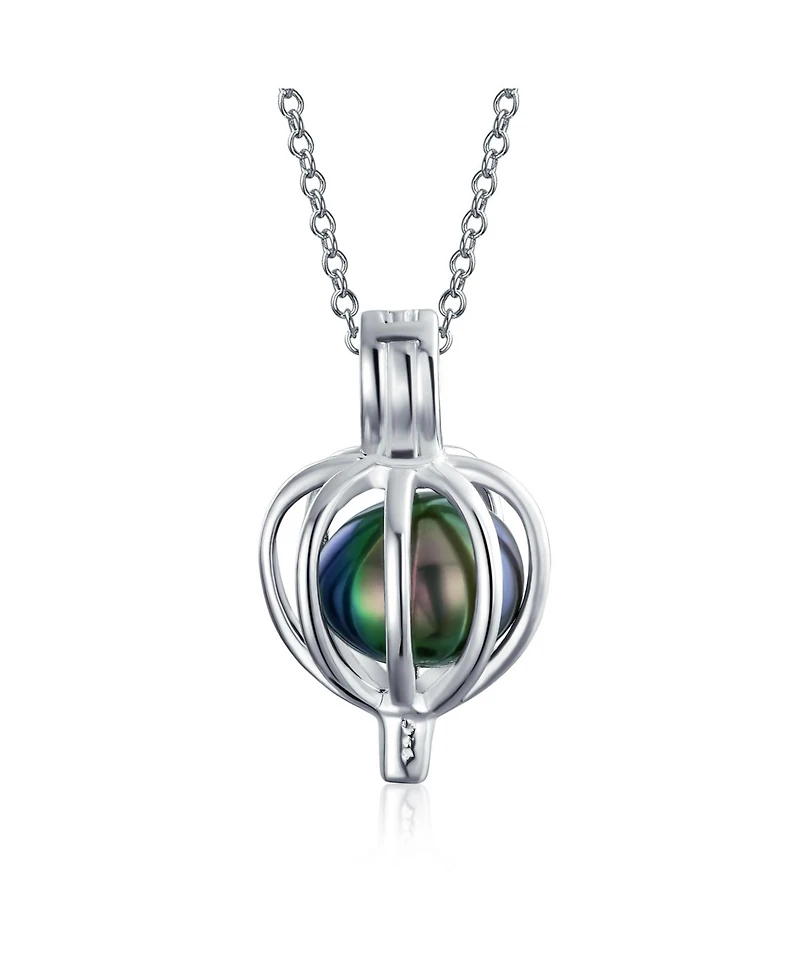 Bling Jewelry Teardrop Black Freshwater Cultured Pearl Bird Caged Pendant Necklace .925 Sterling Silver