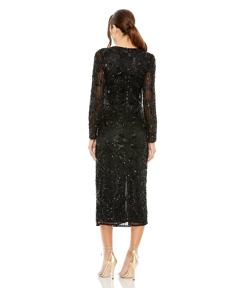 Mac Duggal Women's High Neck Long Sleeve Embellished Dress