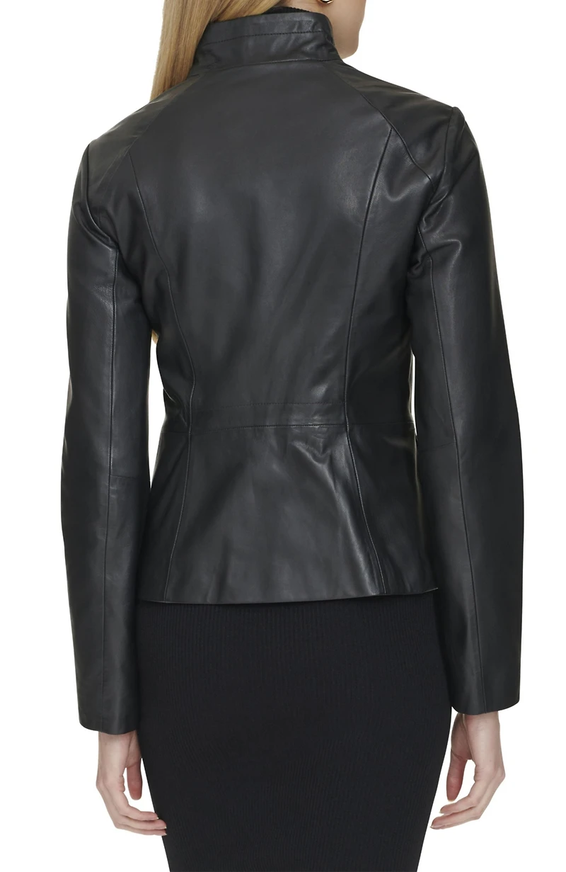 Cole Haan Women's 20 1/2” Moulded Collar Asymmetric Leather Jacket