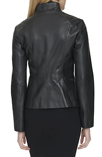 Cole Haan Women's 20 1/2” Moulded Collar Asymmetric Leather Jacket